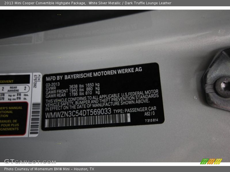 2013 Cooper Convertible Highgate Package White Silver Metallic Color Code A62
