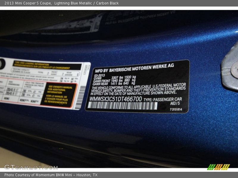 Lightning Blue Metallic / Carbon Black 2013 Mini Cooper S Coupe