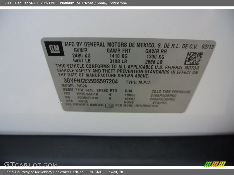 Platinum Ice Tricoat / Shale/Brownstone 2013 Cadillac SRX Luxury FWD