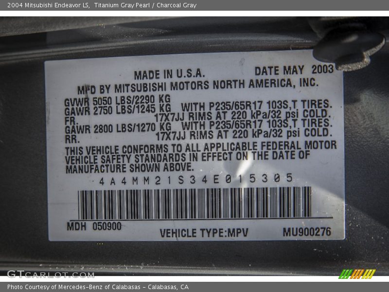 Titanium Gray Pearl / Charcoal Gray 2004 Mitsubishi Endeavor LS