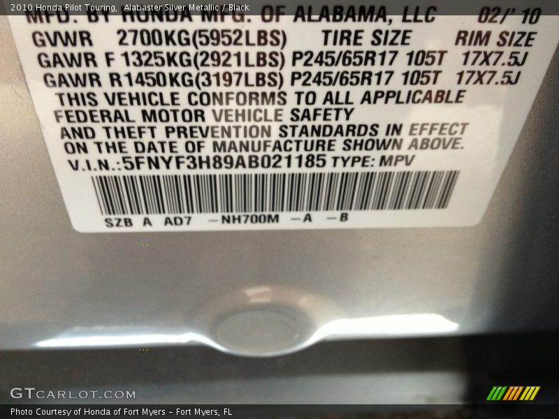 Alabaster Silver Metallic / Black 2010 Honda Pilot Touring
