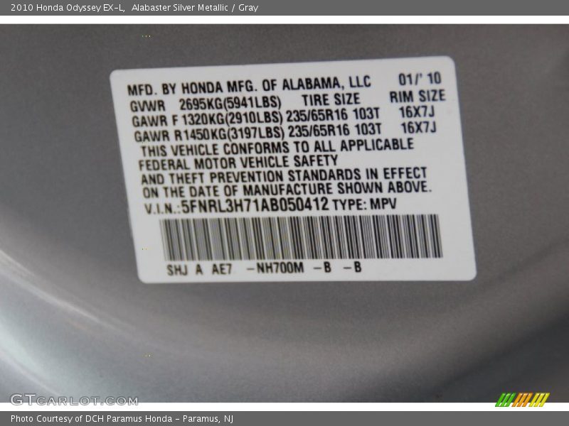 Alabaster Silver Metallic / Gray 2010 Honda Odyssey EX-L