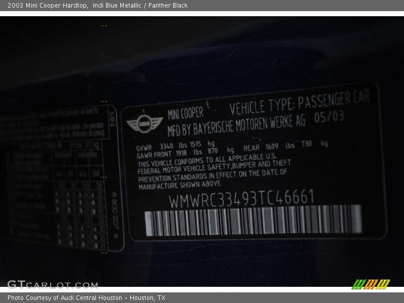 Indi Blue Metallic / Panther Black 2003 Mini Cooper Hardtop