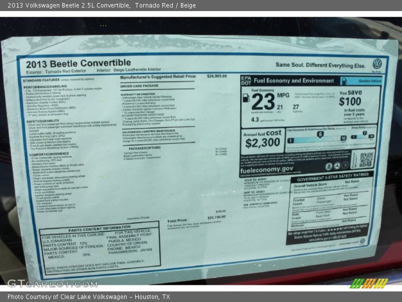 Tornado Red / Beige 2013 Volkswagen Beetle 2.5L Convertible