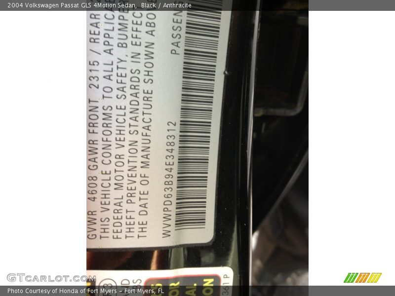 Black / Anthracite 2004 Volkswagen Passat GLS 4Motion Sedan