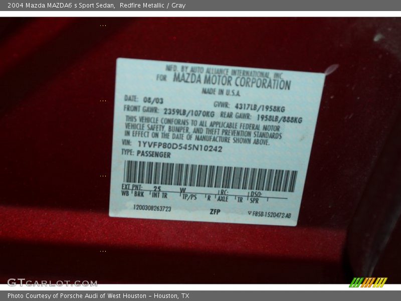 2004 MAZDA6 s Sport Sedan Redfire Metallic Color Code 25W