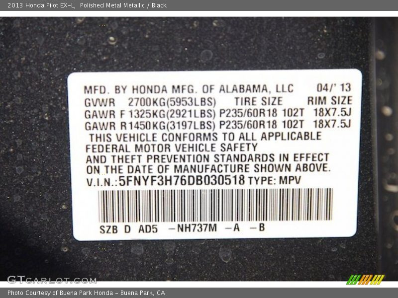 Polished Metal Metallic / Black 2013 Honda Pilot EX-L