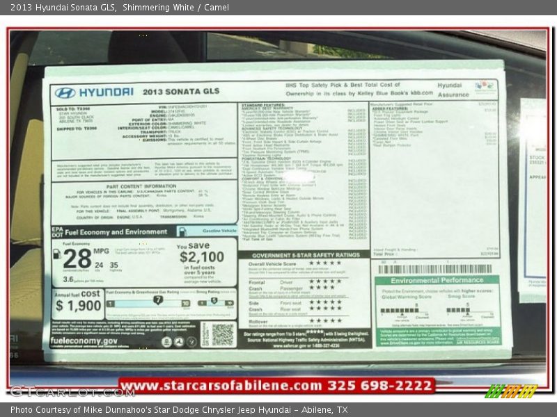 Shimmering White / Camel 2013 Hyundai Sonata GLS