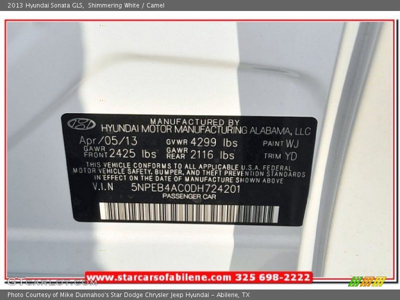 Shimmering White / Camel 2013 Hyundai Sonata GLS