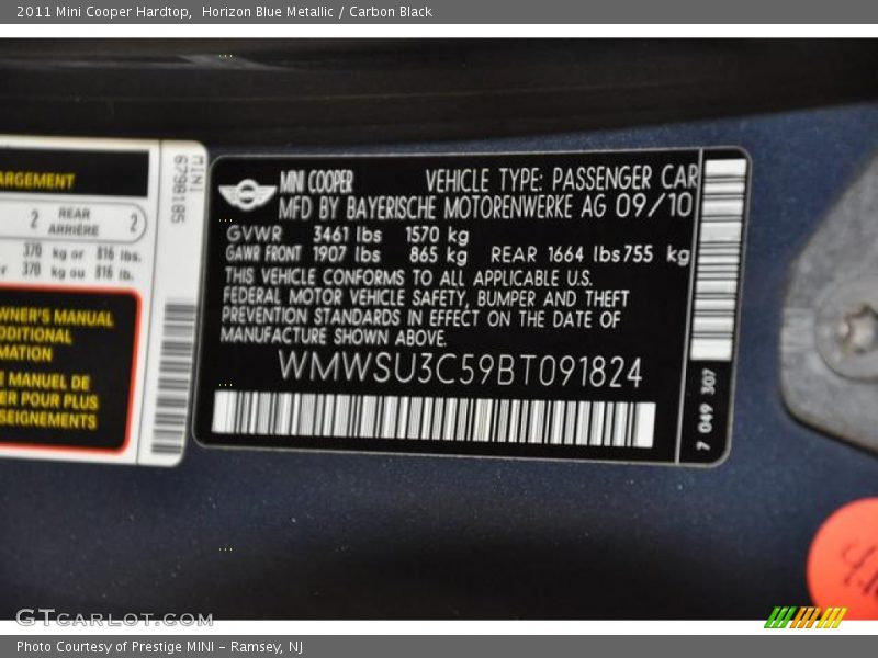 Horizon Blue Metallic / Carbon Black 2011 Mini Cooper Hardtop