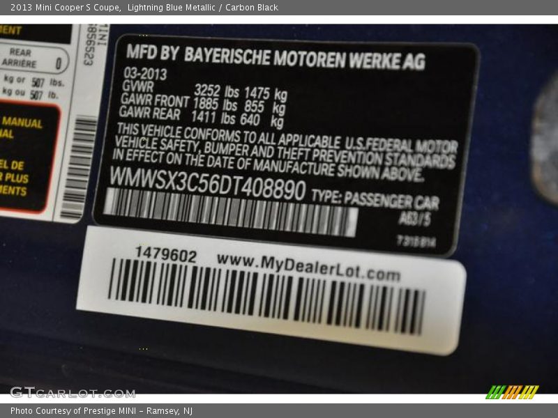 Lightning Blue Metallic / Carbon Black 2013 Mini Cooper S Coupe