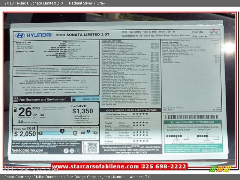 Radiant Silver / Gray 2013 Hyundai Sonata Limited 2.0T