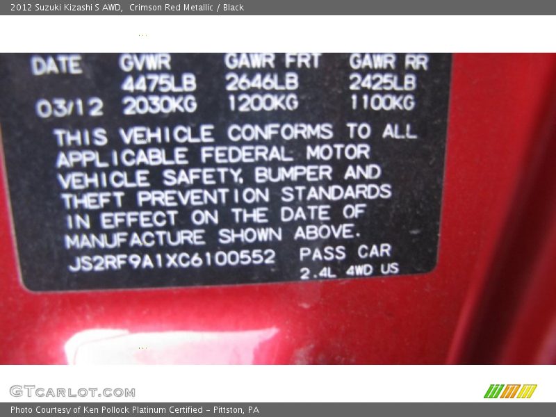 Crimson Red Metallic / Black 2012 Suzuki Kizashi S AWD