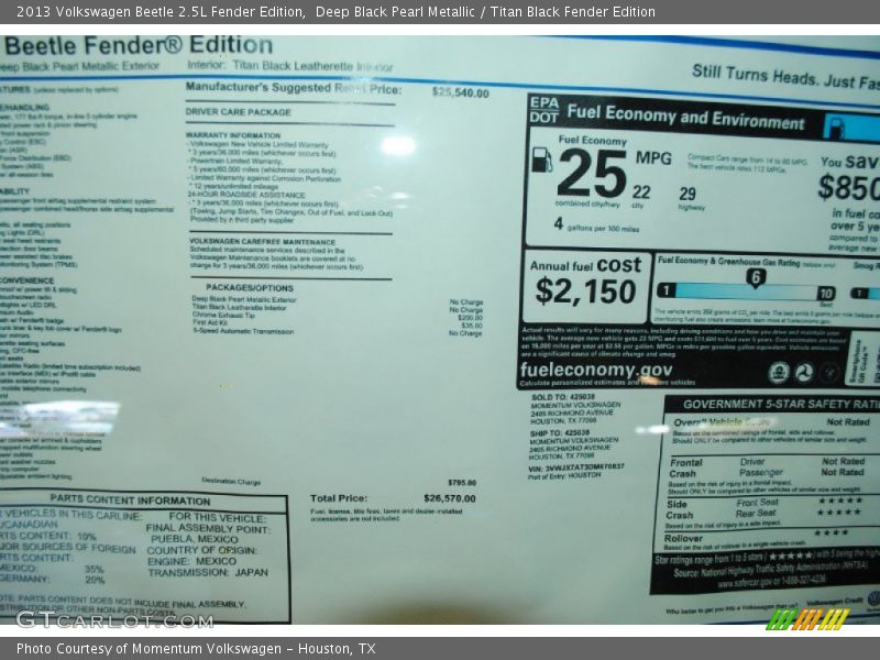 Deep Black Pearl Metallic / Titan Black Fender Edition 2013 Volkswagen Beetle 2.5L Fender Edition