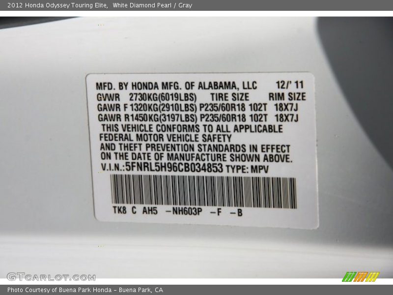 White Diamond Pearl / Gray 2012 Honda Odyssey Touring Elite