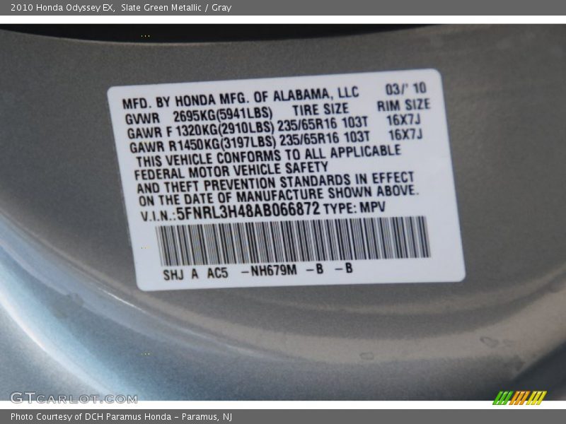 Slate Green Metallic / Gray 2010 Honda Odyssey EX