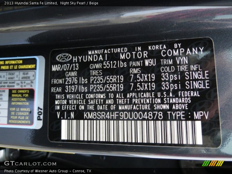 2013 Santa Fe Limited Night Sky Pearl Color Code W9U