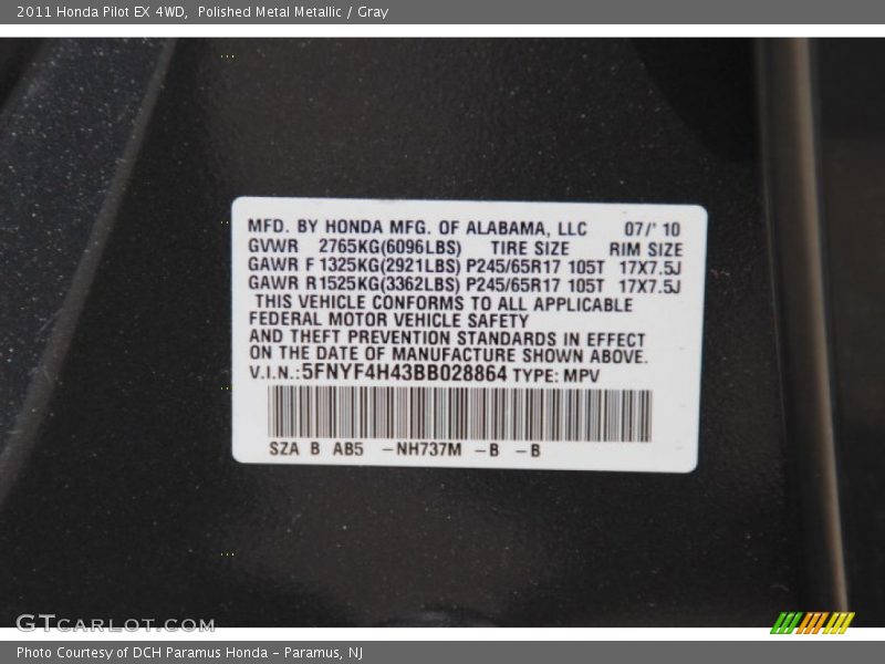 Polished Metal Metallic / Gray 2011 Honda Pilot EX 4WD