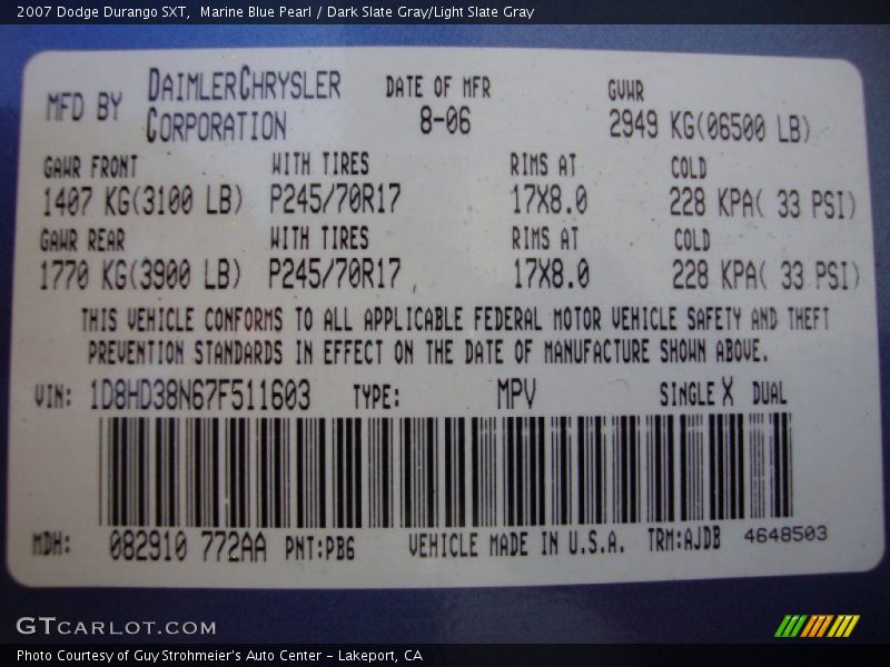 2007 Durango SXT Marine Blue Pearl Color Code PB6