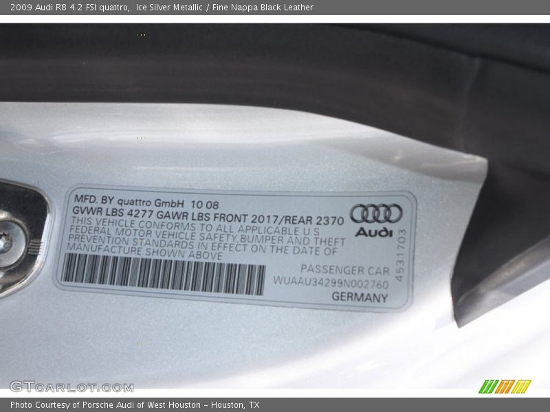 Info Tag of 2009 R8 4.2 FSI quattro