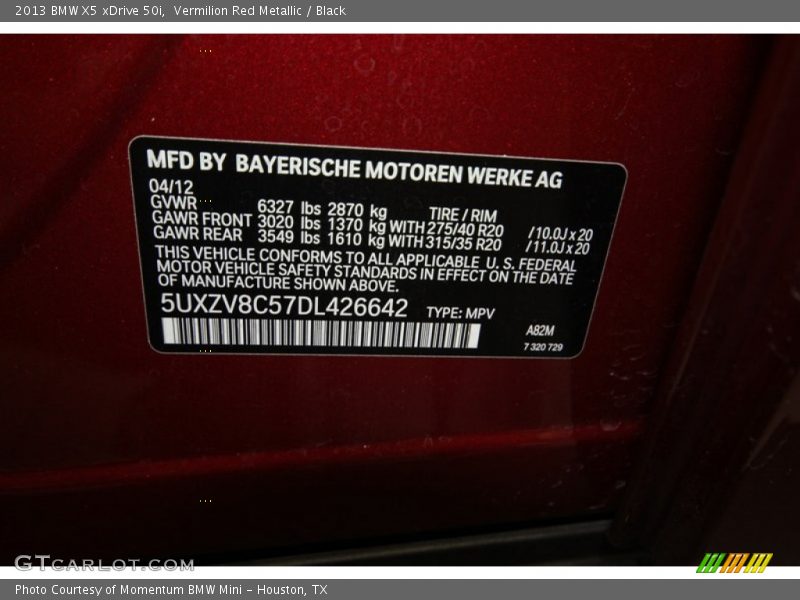 2013 X5 xDrive 50i Vermilion Red Metallic Color Code A82