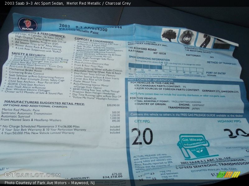  2003 9-3 Arc Sport Sedan Window Sticker