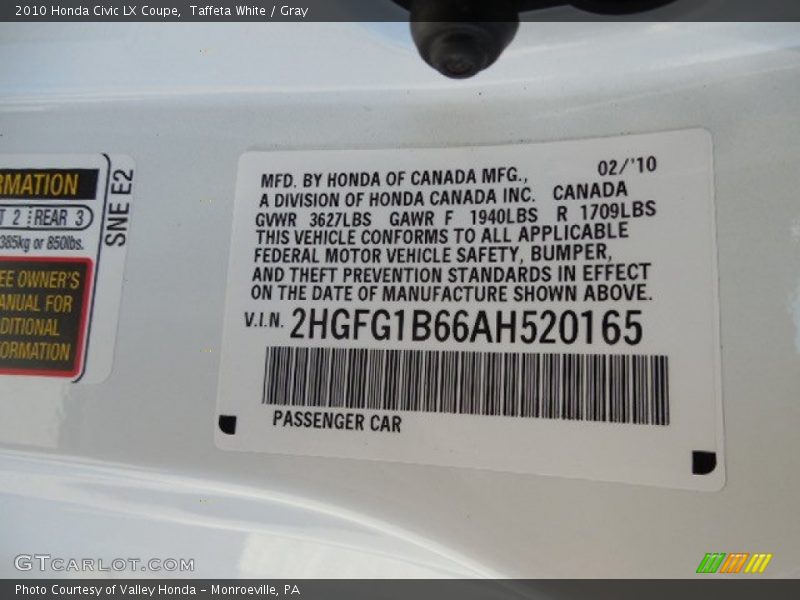 Taffeta White / Gray 2010 Honda Civic LX Coupe