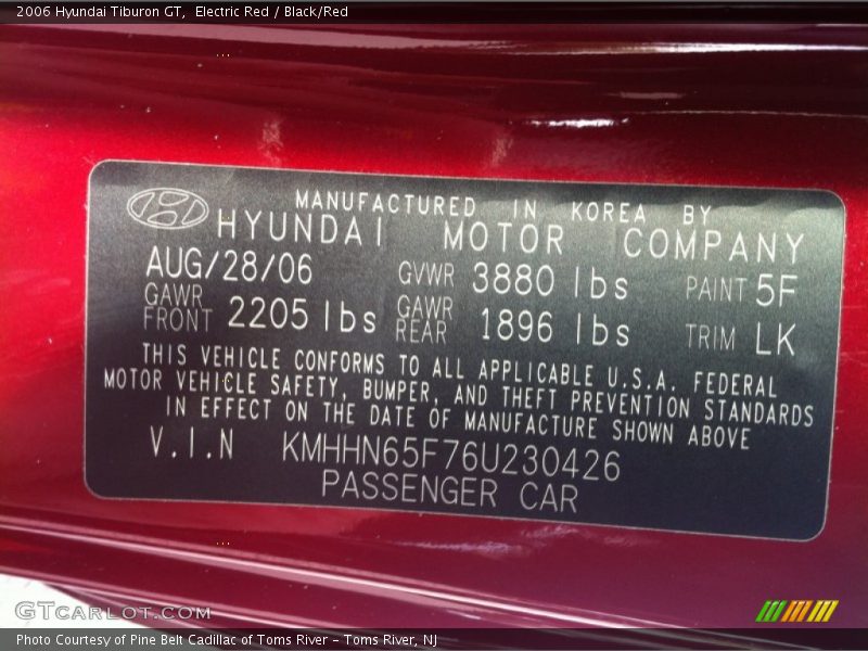 2006 Tiburon GT Electric Red Color Code 5F