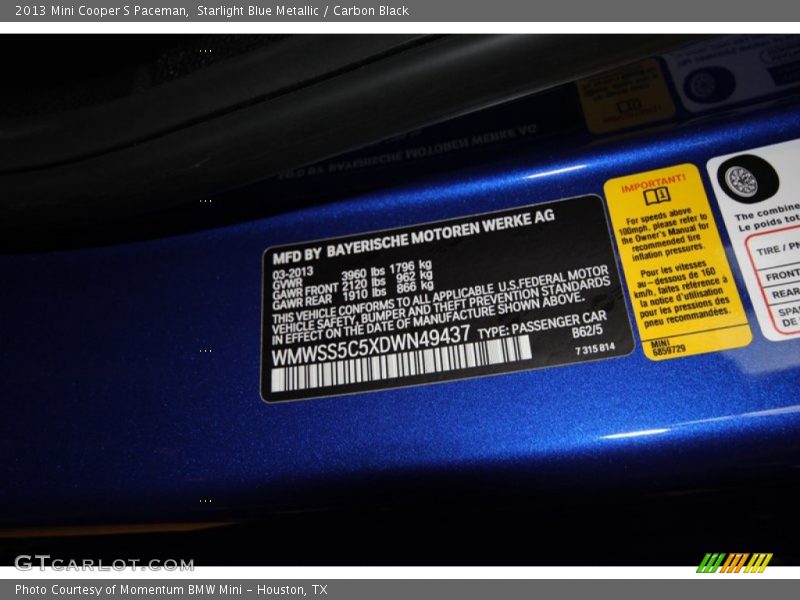 2013 Cooper S Paceman Starlight Blue Metallic Color Code B62