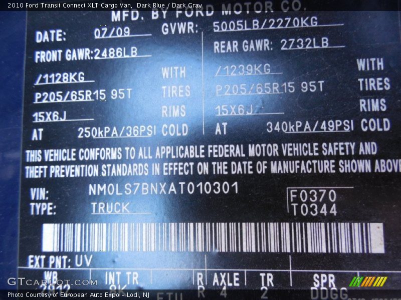 2010 Transit Connect XLT Cargo Van Dark Blue Color Code UV