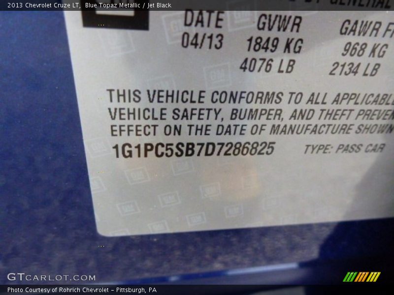 Blue Topaz Metallic / Jet Black 2013 Chevrolet Cruze LT