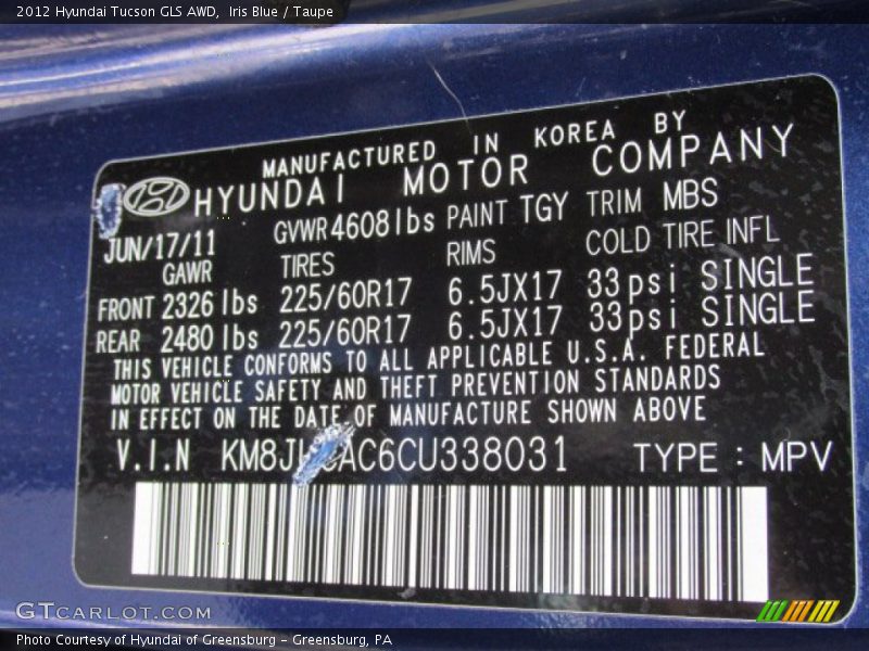 Iris Blue / Taupe 2012 Hyundai Tucson GLS AWD