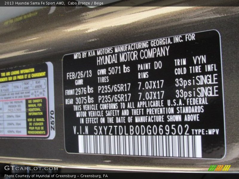 2013 Santa Fe Sport AWD Cabo Bronze Color Code D0