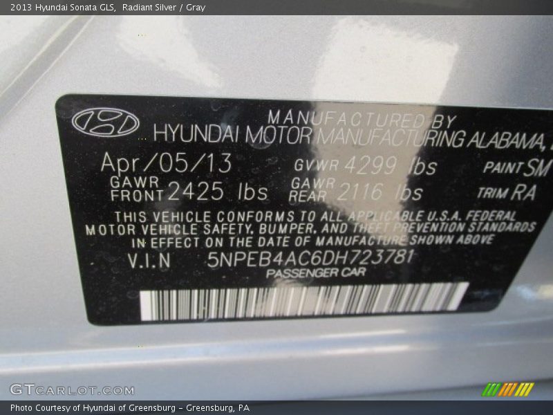 Radiant Silver / Gray 2013 Hyundai Sonata GLS