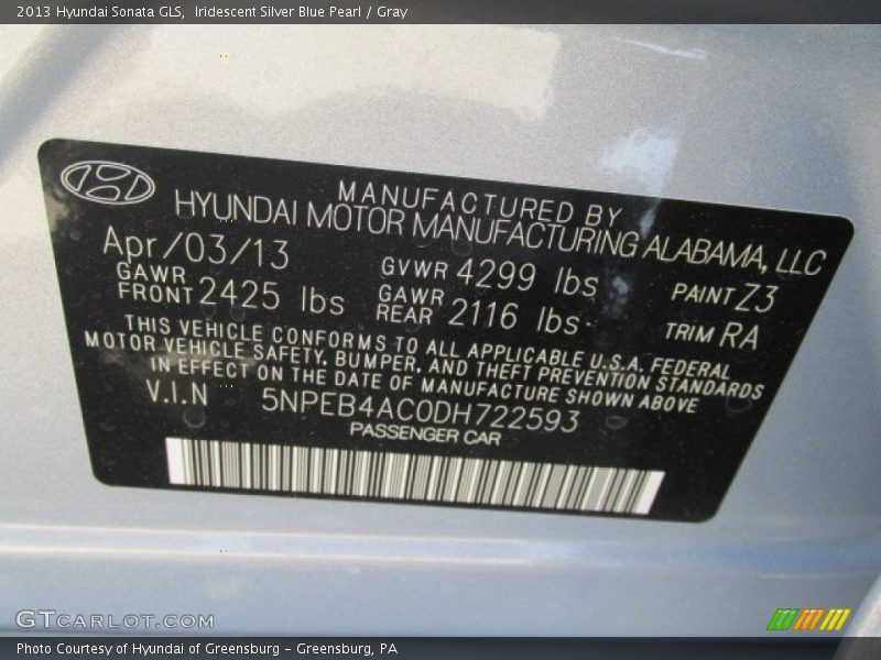 Iridescent Silver Blue Pearl / Gray 2013 Hyundai Sonata GLS