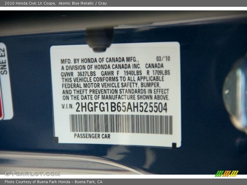 Atomic Blue Metallic / Gray 2010 Honda Civic LX Coupe