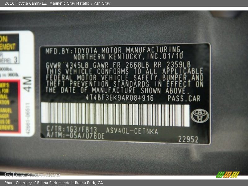 Magnetic Gray Metallic / Ash Gray 2010 Toyota Camry LE