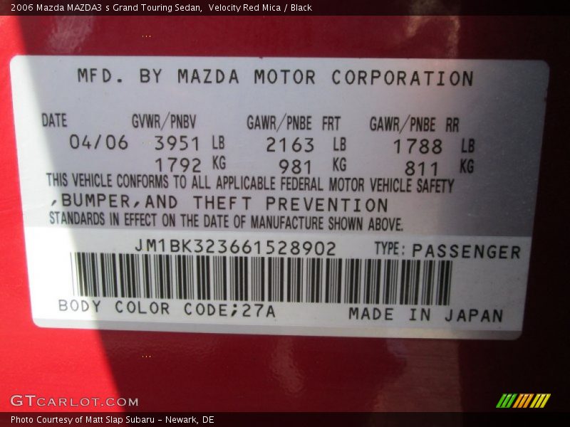 Velocity Red Mica / Black 2006 Mazda MAZDA3 s Grand Touring Sedan