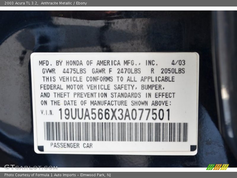 Anthracite Metallic / Ebony 2003 Acura TL 3.2