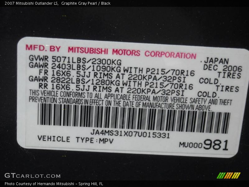 Graphite Gray Pearl / Black 2007 Mitsubishi Outlander LS