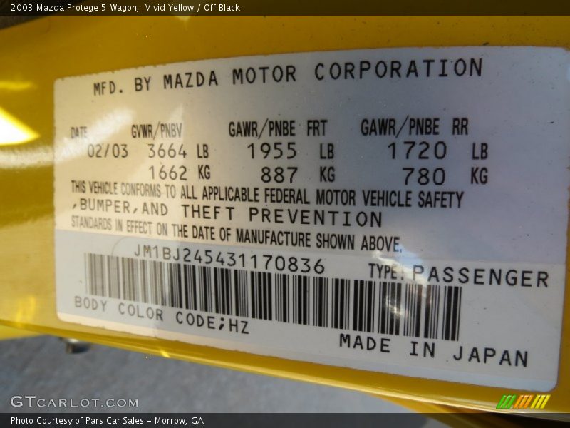 2003 Protege 5 Wagon Vivid Yellow Color Code HZ