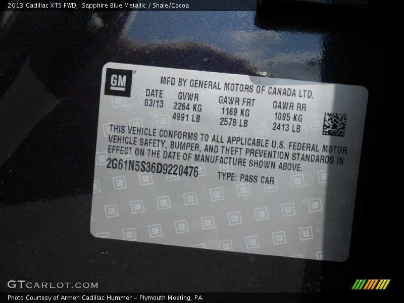 Sapphire Blue Metallic / Shale/Cocoa 2013 Cadillac XTS FWD