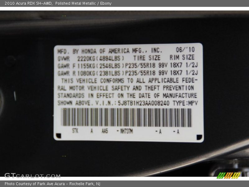 Polished Metal Metallic / Ebony 2010 Acura RDX SH-AWD