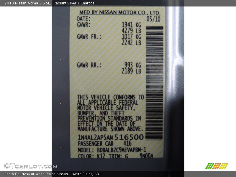 Radiant Silver / Charcoal 2010 Nissan Altima 2.5 SL