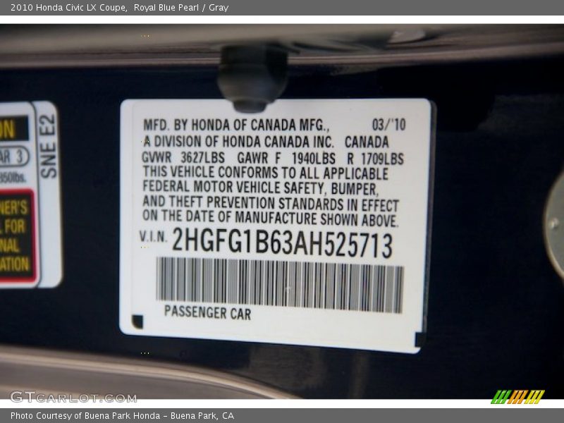 Royal Blue Pearl / Gray 2010 Honda Civic LX Coupe