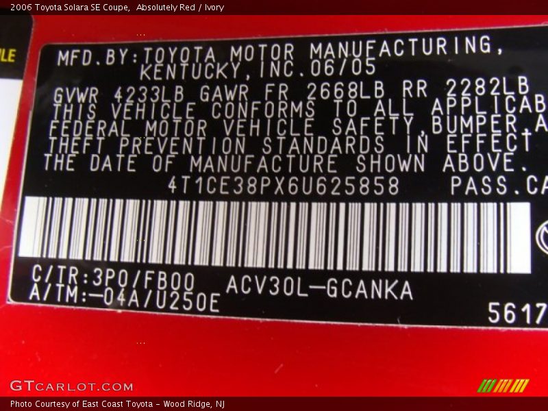 2006 Solara SE Coupe Absolutely Red Color Code 3P0