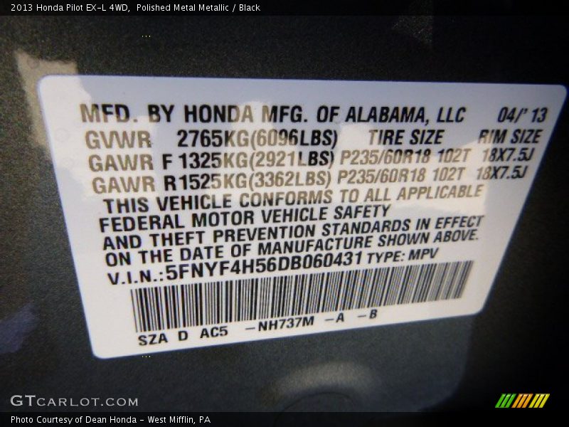 Polished Metal Metallic / Black 2013 Honda Pilot EX-L 4WD