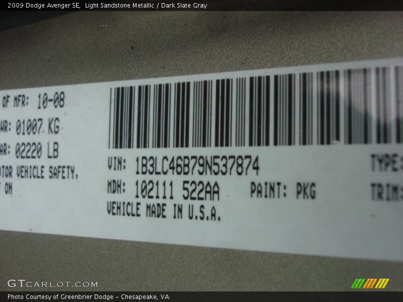 Light Sandstone Metallic / Dark Slate Gray 2009 Dodge Avenger SE