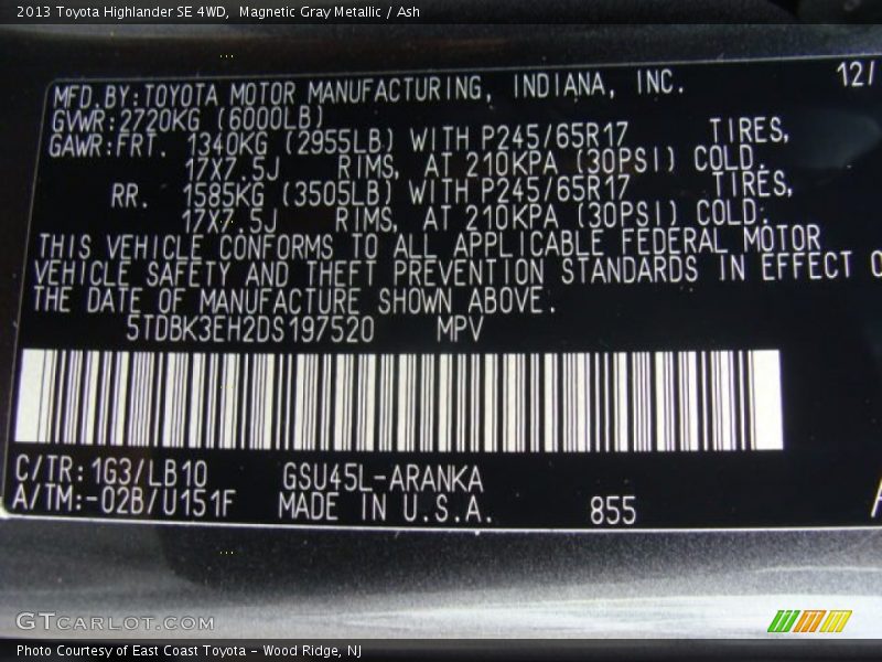 Magnetic Gray Metallic / Ash 2013 Toyota Highlander SE 4WD