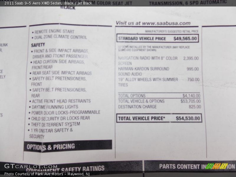  2011 9-5 Aero XWD Sedan Window Sticker